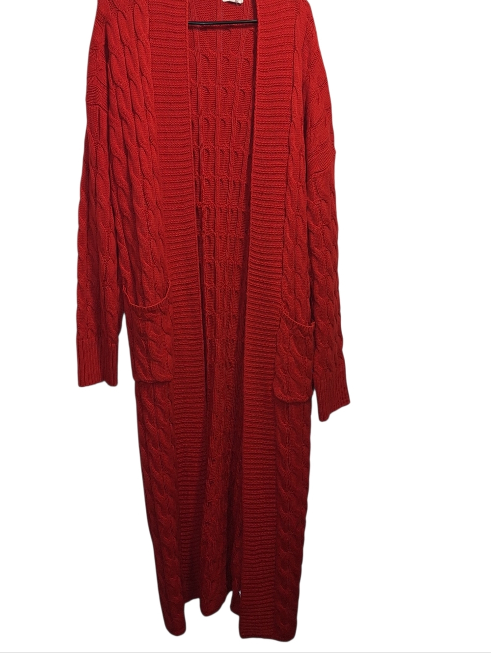 Long Red Cable-Knit Open Cardigan Sweater Duster  Large